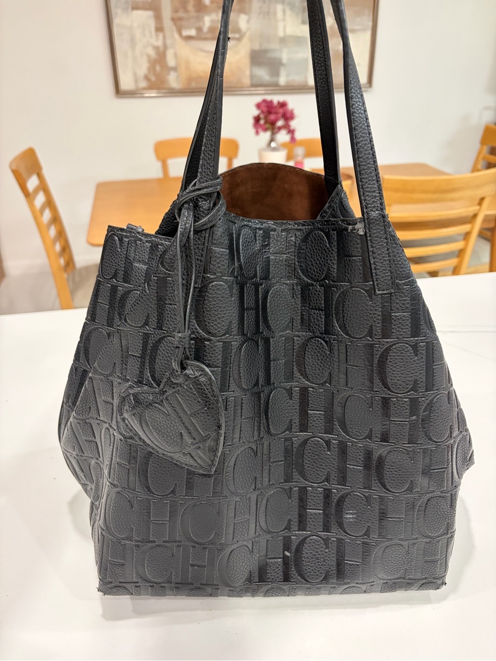 Carolina Herrera Black Embossed CH Monogram Tote with Heart Charm